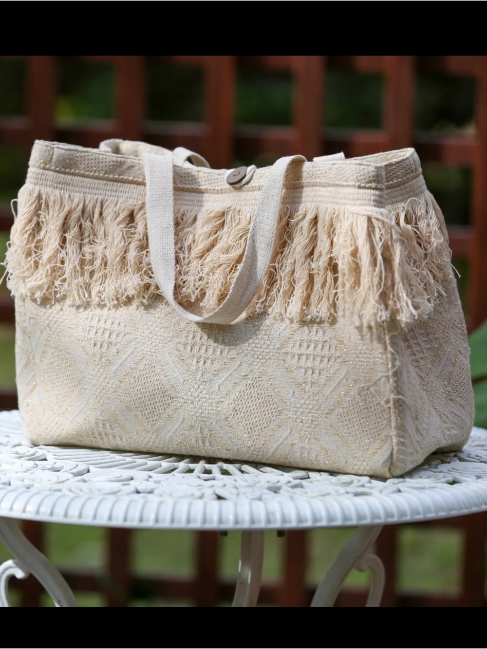 226211 Beige | Sacred Threads Beige Fringe Boho Tote Bag (Cotton Woven) | One Sz